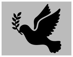 a black and white silhouette of a dove with an olive branch in it's beak