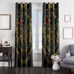 hogwarts logo harry potter window curtains Harry Potter Window, Logo Harry Potter, Hogwarts Logo, Shade Cloth, Sound Insulation, Dust Collection, The Curtain, Curtain Rod, Stylish Home