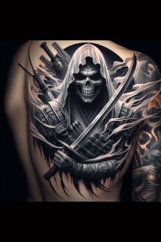 a man with tattoos on his back holding two swords and a skull in the background