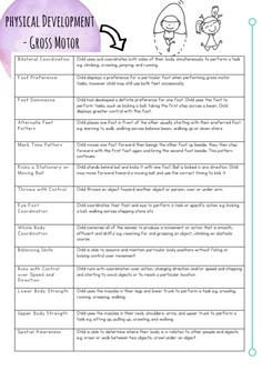 a worksheet describing physical development and gross motor skills