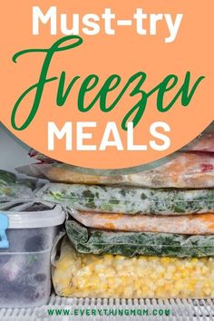 freezer meals stacked on top of each other with text overlay