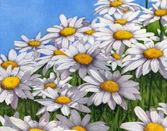 a painting of daisies in a vase on a black iron fence against a blue sky