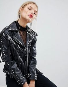 Leather Jacket Photoshoot, Fake Leather Jacket, Black Cowgirl Boots, Studded Leather Jacket, Jackets Black, Fringe Leather Jacket, Studded Jacket, Black Faux Leather Jacket, Leather Jacket Style