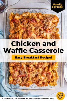 chicken and waffle casserole with text overlay