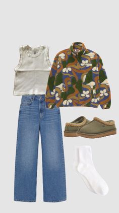 a pair of jeans, sweater and shoes are shown