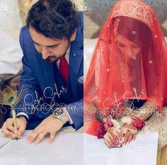 the bride and groom are signing their marriage vows at this wedding ceremony in mumbai, india