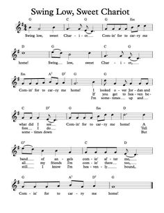 sheet music with the words swing low, sweet chariot