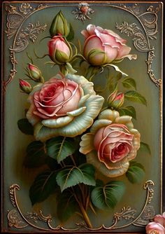 a painting of pink roses on a green background