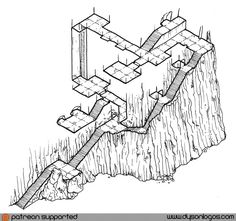 a drawing of a path going up the side of a cliff