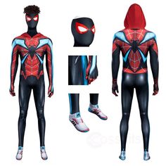 the spider - man costume is shown in three different views, including shoes and headgear