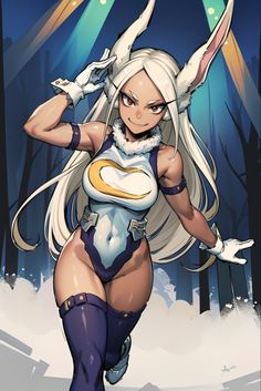 an anime character with long white hair and bunny ears on her head is running through the snow