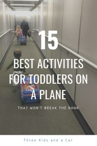 people walking down an airport hallway with luggage on the ground and text overlay reads 15 best activities for toddlers on a plane that won't break the bank