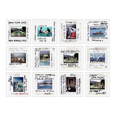 many different stamps with people on them and some water in the background, all written in japanese