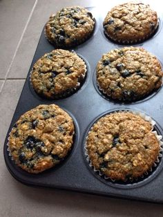 muffins are sitting in a black tray on the counter