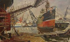 an oil painting of boats docked at a dock with cranes in the background and another boat on the water