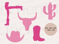 the silhouettes of different types of animals and cactuses are shown in pink on a white background