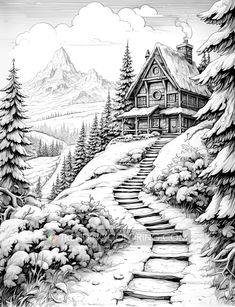 a black and white drawing of a house in the mountains with stairs leading up to it