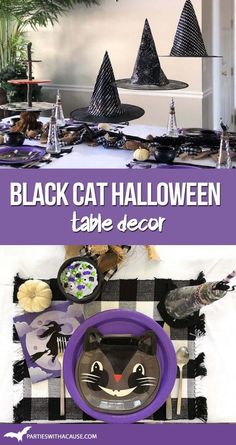 black cat halloween table decor with purple and white plates, napkins and other decorations