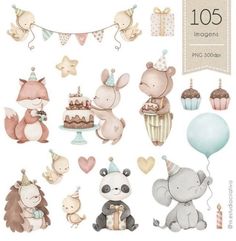 a bunch of animals that are in front of some balloons and cake on a string