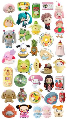 many different types of stuffed animals and toys