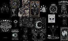 an assortment of stickers on a black background with the moon and stars in them