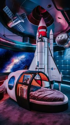 a space themed bedroom with a rocket ship bed and bookshelf on the wall