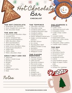 the hot chocolate bar checklist is shown in this christmas printable list for adults and children