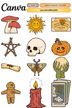 an image of halloween stickers with pumpkins, candles and other things on them