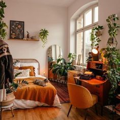 a bedroom with lots of plants in it