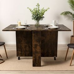 a dining table with two chairs and a plant in the center, on top of a rug