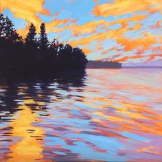 a painting of an island in the middle of water with trees on it at sunset