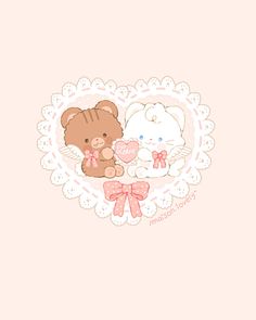 two teddy bears are sitting next to each other on a doily with a heart