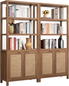 a bookshelf filled with lots of books next to a vase and other items