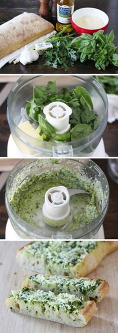 four different views of food being made in a food processor, including spinach and bread