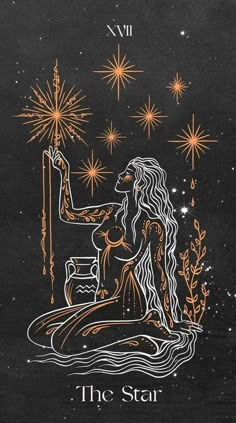 the star tarot card with an image of a woman sitting on top of it