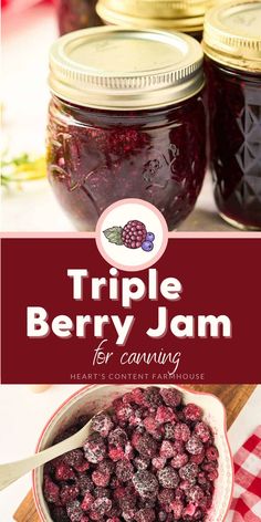 three jars filled with berry jam sitting on top of a table