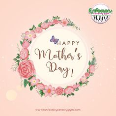 happy mother's day card with pink flowers and butterfly on light pink background in circle