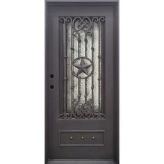 an iron door with a star on the front and side panels, in dark brown