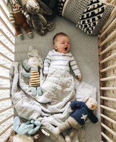 a baby laying in a crib next to stuffed animals