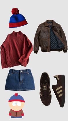 a group of children's clothing and shoes