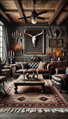 a living room filled with furniture and a cow skull mounted to the wall above it