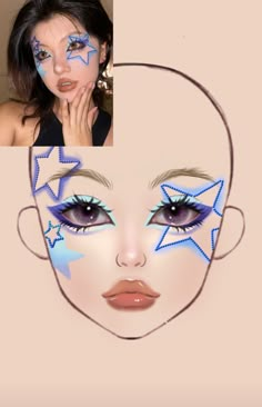 Eye Makeup Drawing Art, Simple Makeup Designs, White Star Makeup Look, Facial Makeup Art, Easy Cool Makeup, Eye Makeup Crazy, Superhero Makeup Easy, Makeup Ideas Template, Makeup Ideas For Picture Day