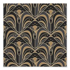 an art deco wallpaper pattern in gold and black poster print by person, via ete