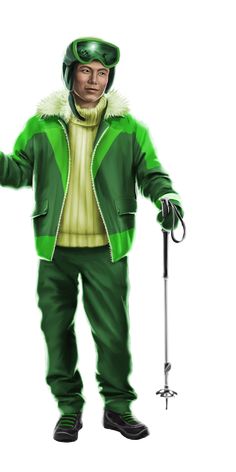 a drawing of a man dressed in green and holding an umbrella with one hand while standing next to him