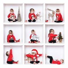 a collage of nine photos of toddlers in red sweaters and santa hats