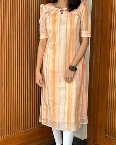 Stripes Kurti Designs Latest, Striped Kurti Design, Salwar Kameez Neck Designs, Dress Designs For Stitching, Simple Kurta