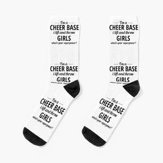 Super soft all-over printed knit socks with extra cushioning in the sole. Suitable for men and women. I'm a cheer base, I lift and throw girls. what's your superpower?. Great birthday gift for a cheerleader girl who is a backspot or flyer. Cheer Base, Cheer Funny, Cheerleading Coach, Cheerleader Girl, Funny Socks, Great Birthday Gifts, Socks For Sale, Knit Socks, Super Powers