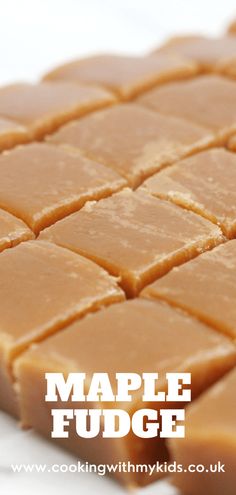 some kind of food that is on a white surface with the words maple fudge