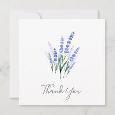 a thank card with lavender flowers on it