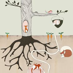 a tree with many branches and animals around it, all connected to one another by the roots